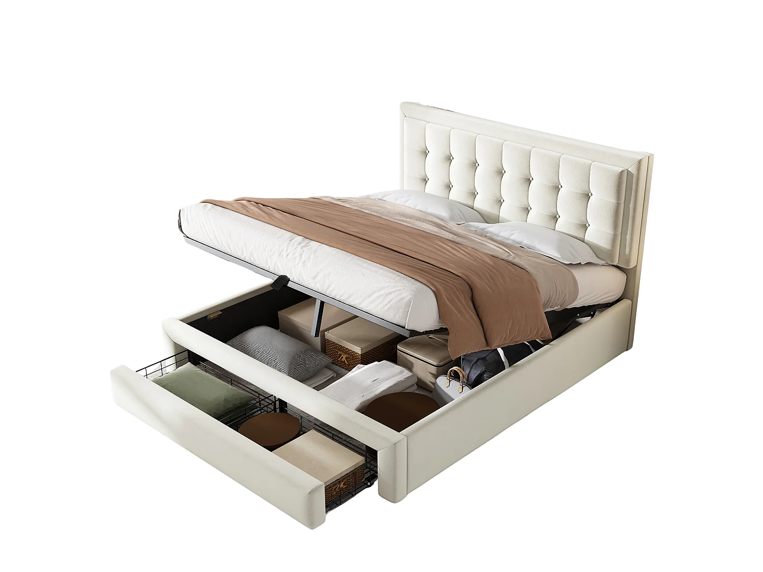 Lit coffre 140x200 velours beige, tête capitonnée, 2 tiroirs, sommier lattes, lit double