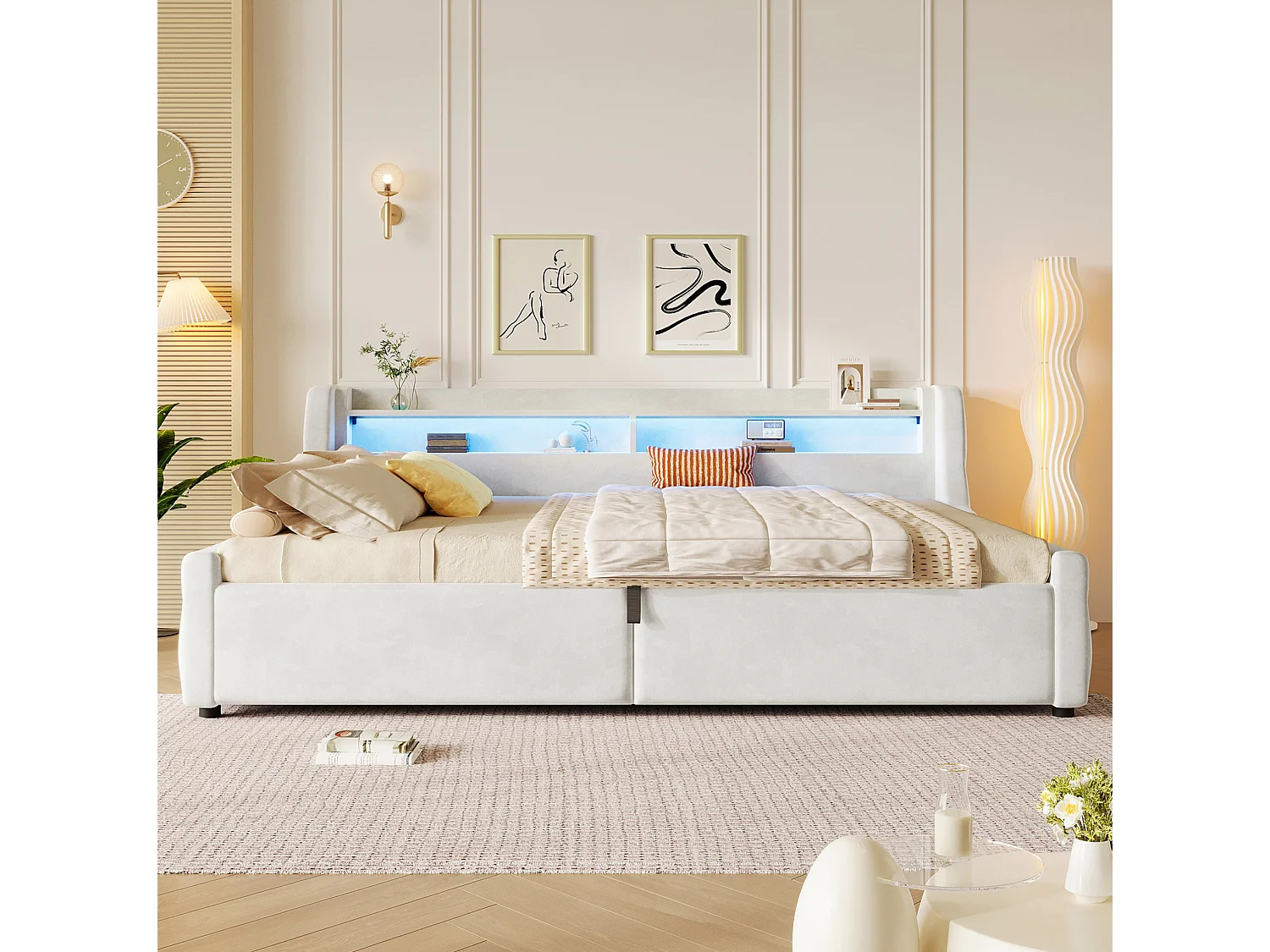 Lit coffre adulte 140x200 cm avec sommier à lattes et LED - Lit banquette en tissu beige