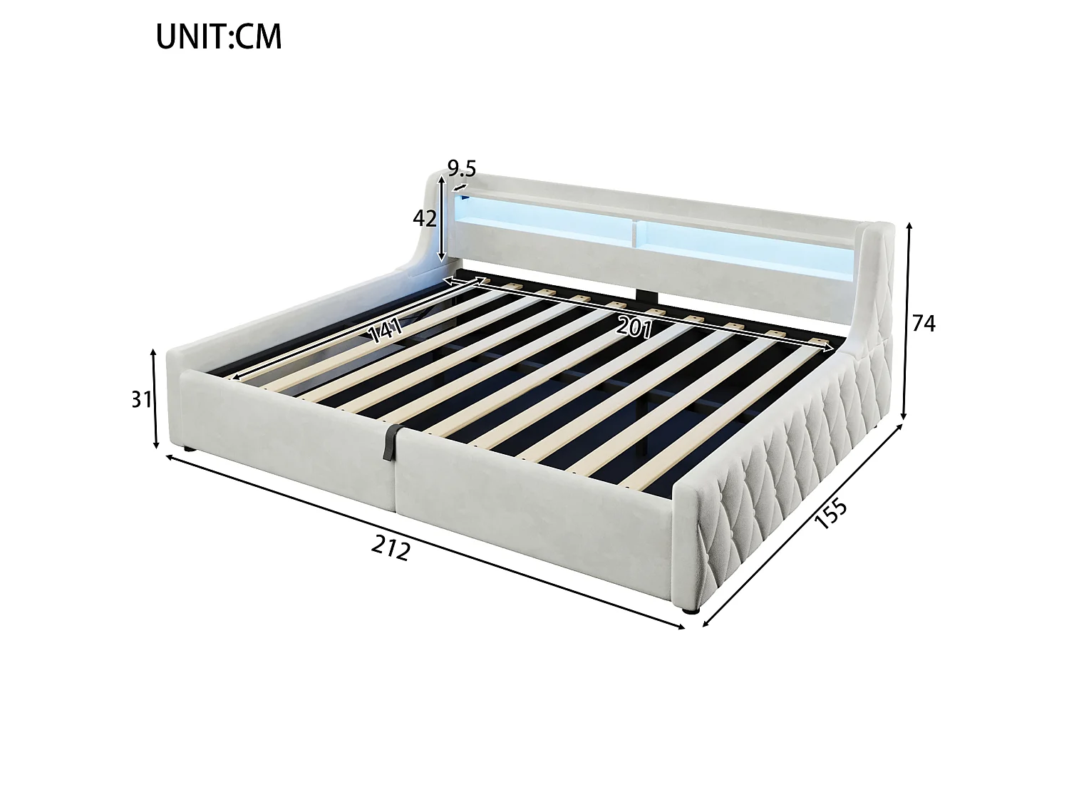 Lit coffre adulte 140x200 cm avec sommier à lattes et LED - Lit banquette en tissu beige