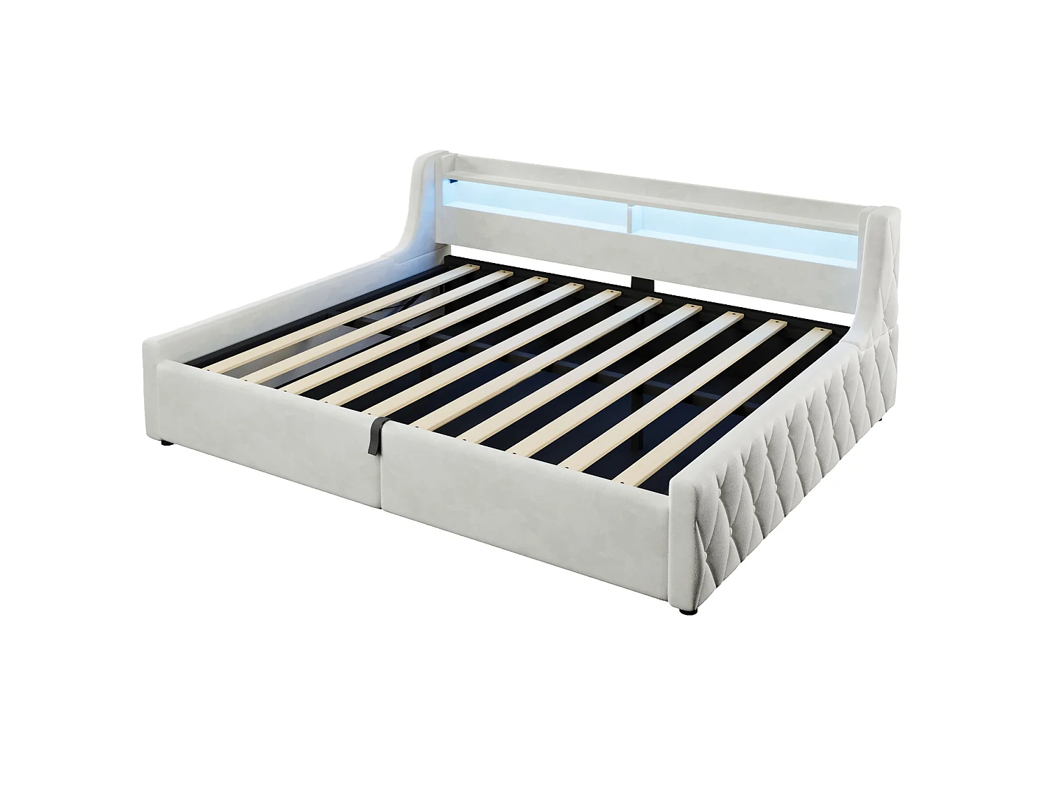 Lit coffre adulte 140x200 cm avec sommier à lattes et LED - Lit banquette en tissu beige