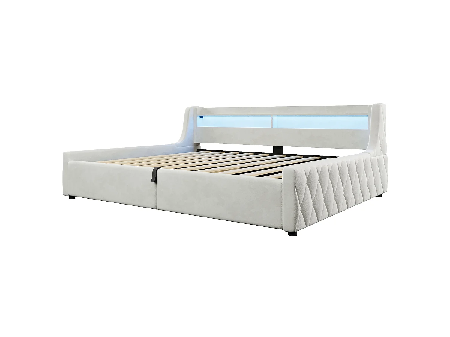 Lit coffre adulte 140x200 cm avec sommier à lattes et LED - Lit banquette en tissu beige