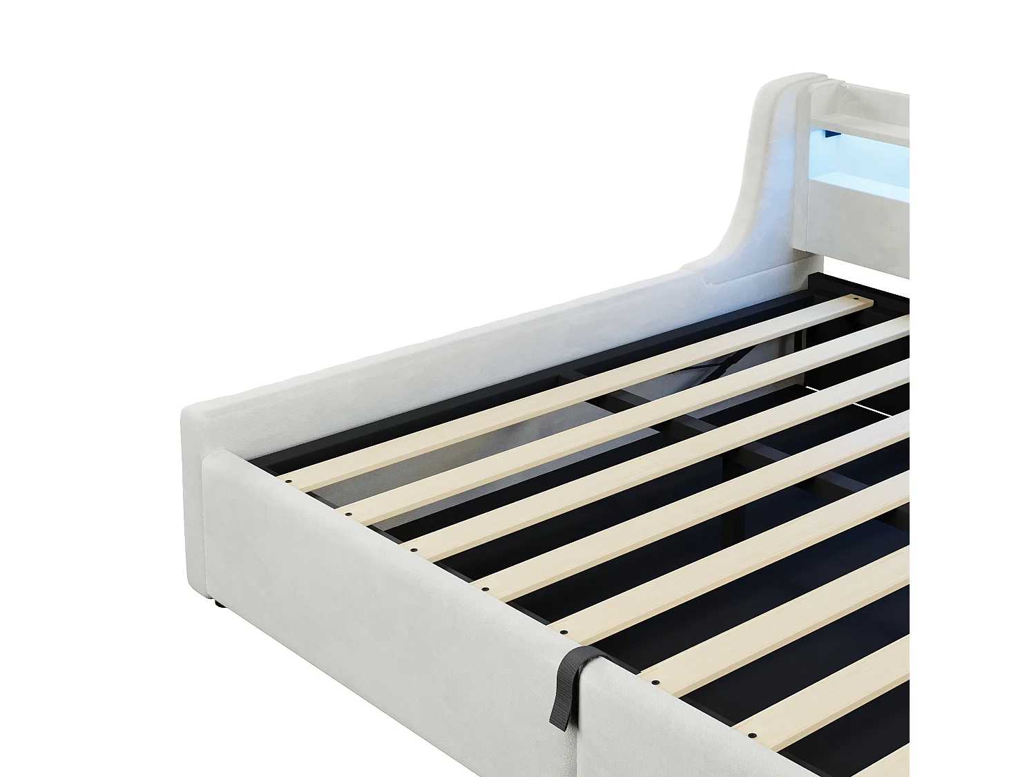 Lit coffre adulte 140x200 cm avec sommier à lattes et LED - Lit banquette en tissu beige