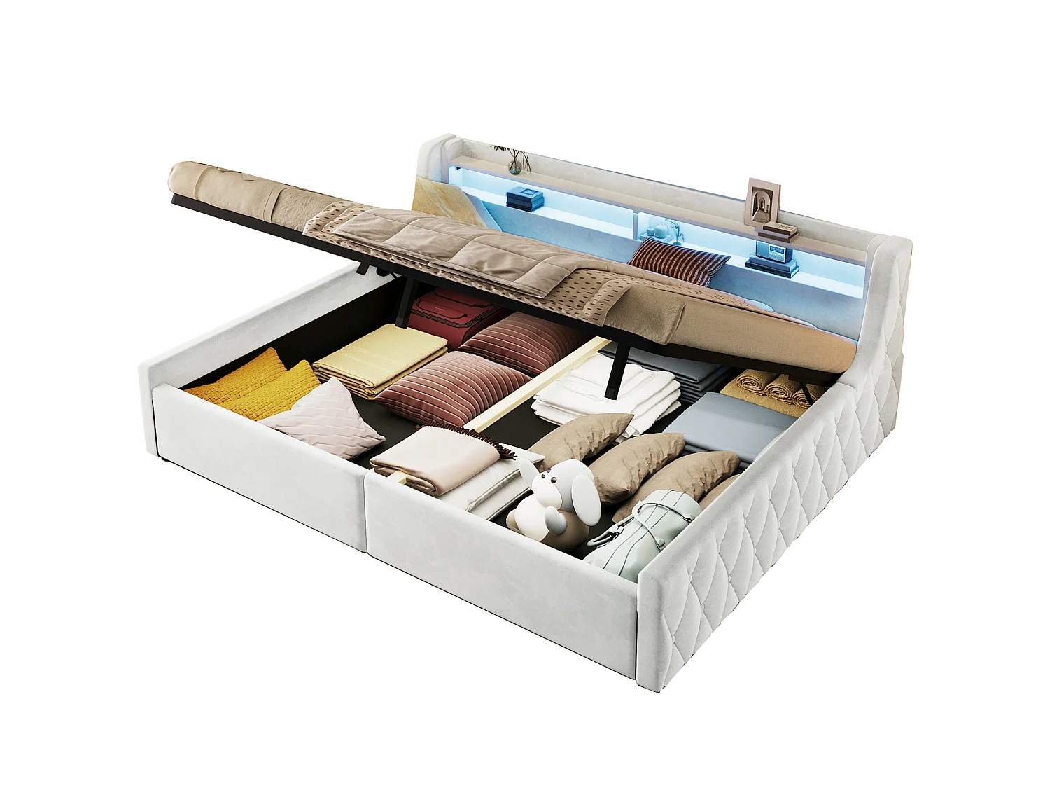 Lit coffre adulte 140x200 cm avec sommier à lattes et LED - Lit banquette en tissu beige