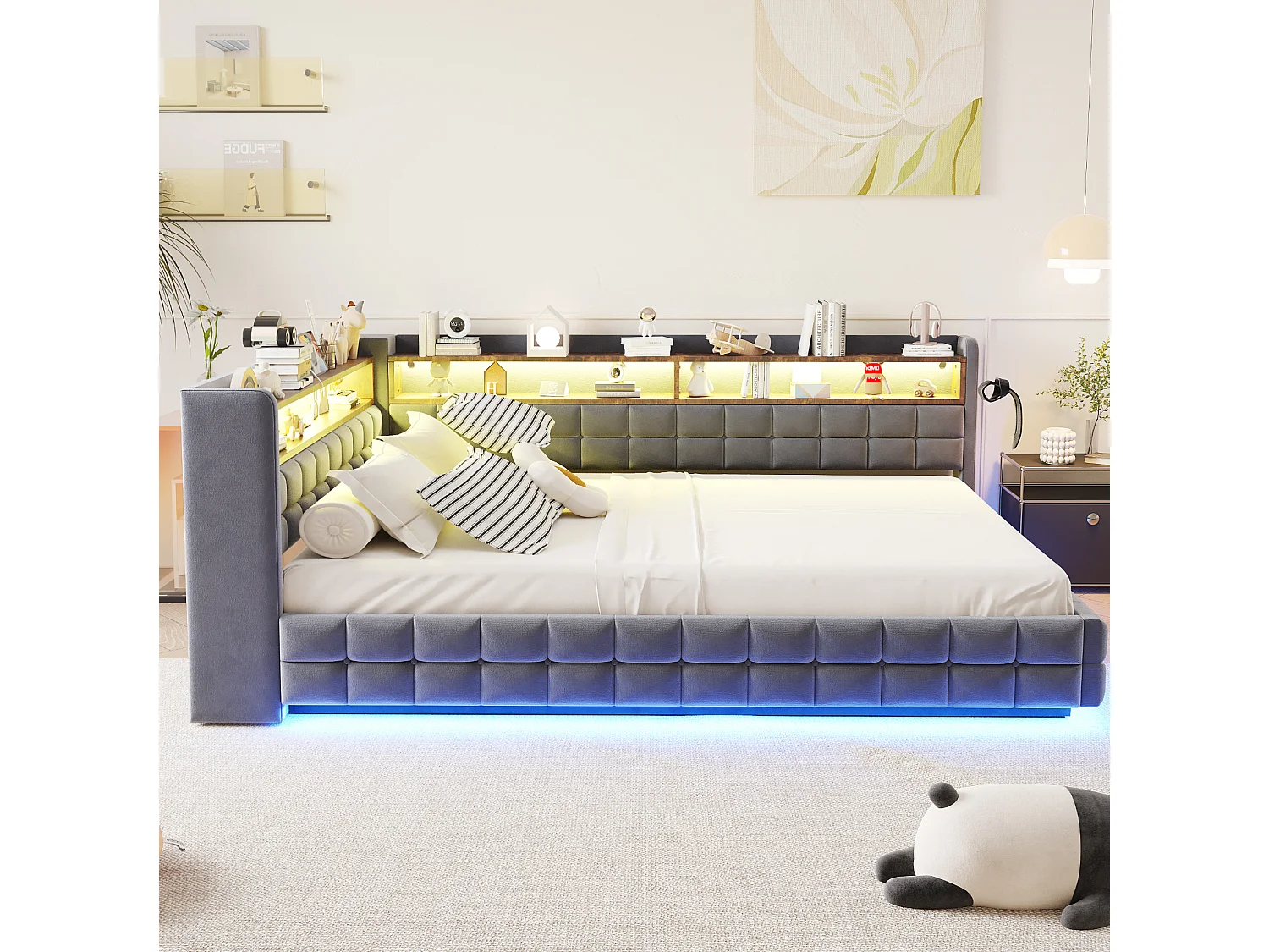 Letto contenitore per adulti 140x200 cm con illuminazione a LED e presa di corrente - Velluto grigio scuro e legno