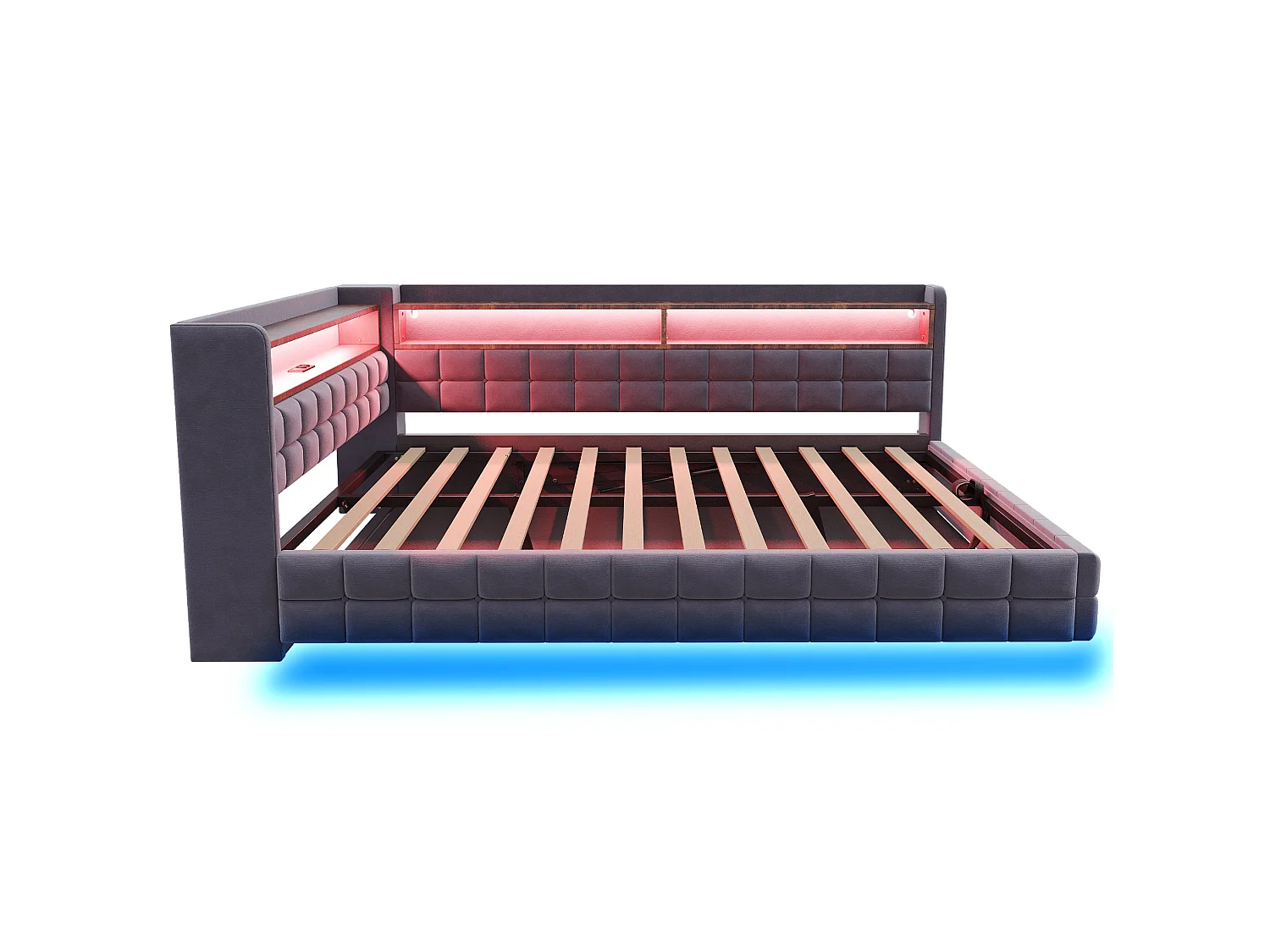 Letto contenitore per adulti 140x200 cm con illuminazione a LED e presa di corrente - Velluto grigio scuro e legno