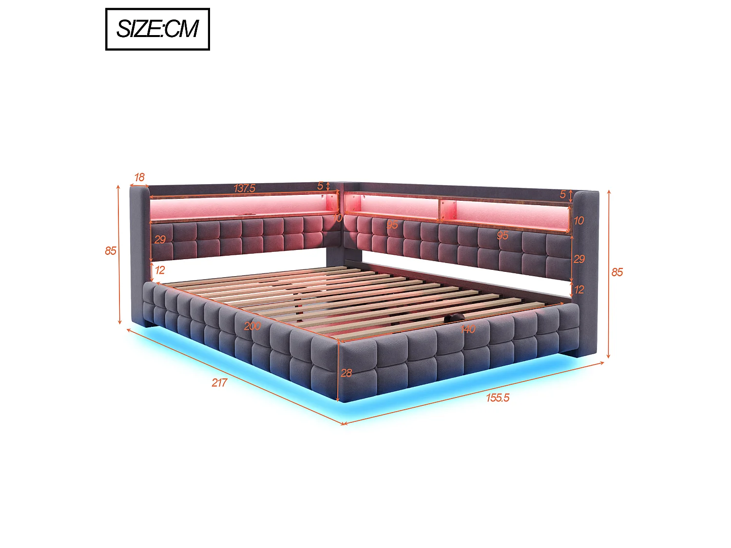 Letto contenitore per adulti 140x200 cm con illuminazione a LED e presa di corrente - Velluto grigio scuro e legno