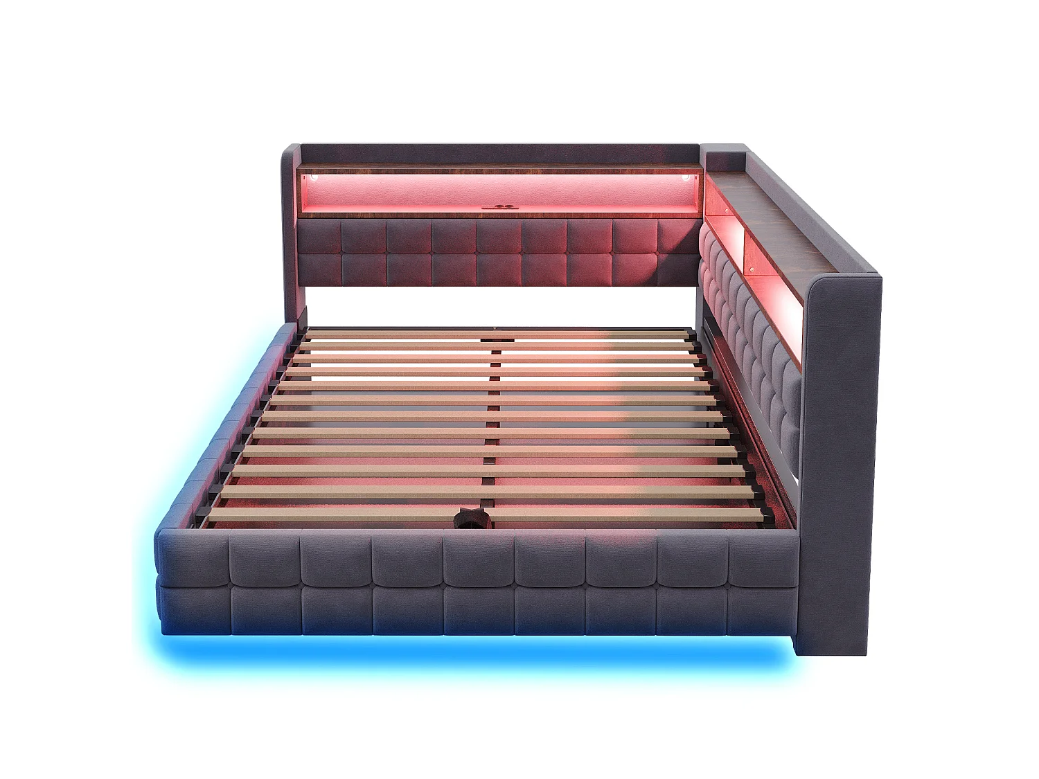 Letto contenitore per adulti 140x200 cm con illuminazione a LED e presa di corrente - Velluto grigio scuro e legno