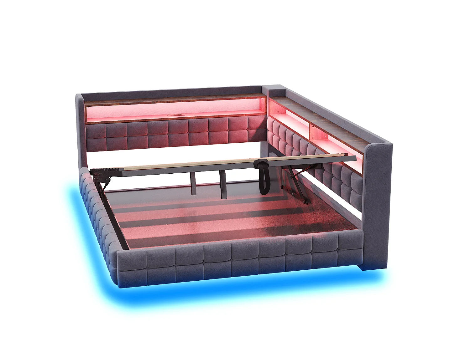 Letto contenitore per adulti 140x200 cm con illuminazione a LED e presa di corrente - Velluto grigio scuro e legno