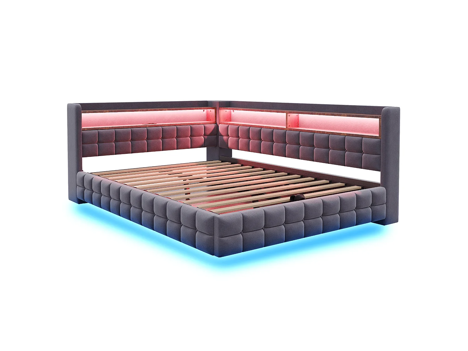 Letto contenitore per adulti 140x200 cm con illuminazione a LED e presa di corrente - Velluto grigio scuro e legno