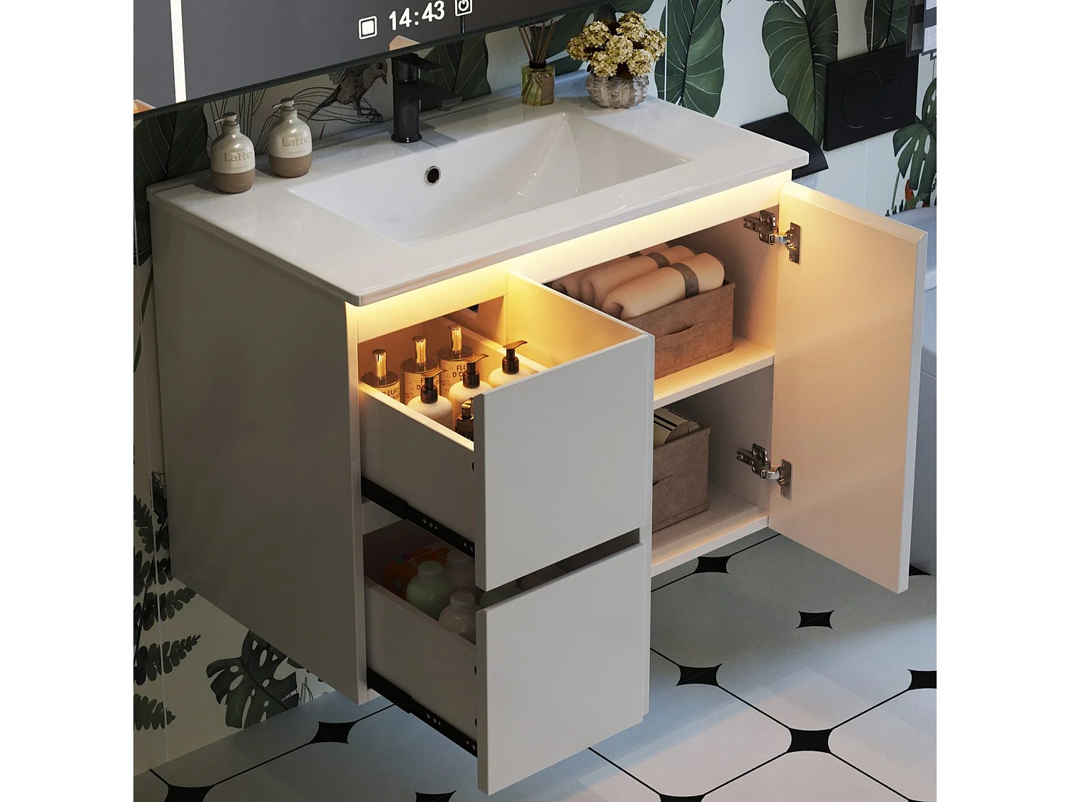 Wandkast met ingebouwde wastafel - LED-verlichting, 2 deuren en lades - Wit