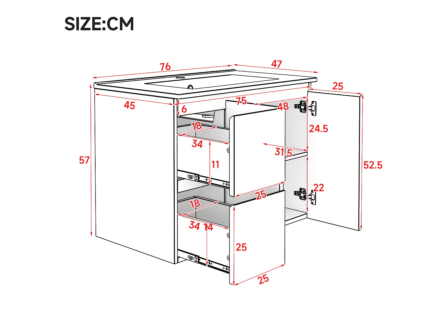 Wandkast met ingebouwde wastafel - LED-verlichting, 2 deuren en lades - Wit