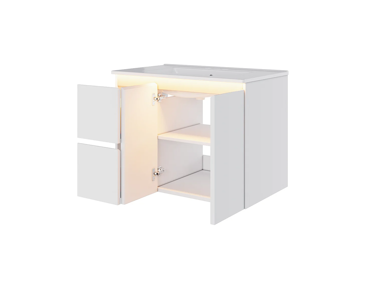Wandkast met ingebouwde wastafel - LED-verlichting, 2 deuren en lades - Wit