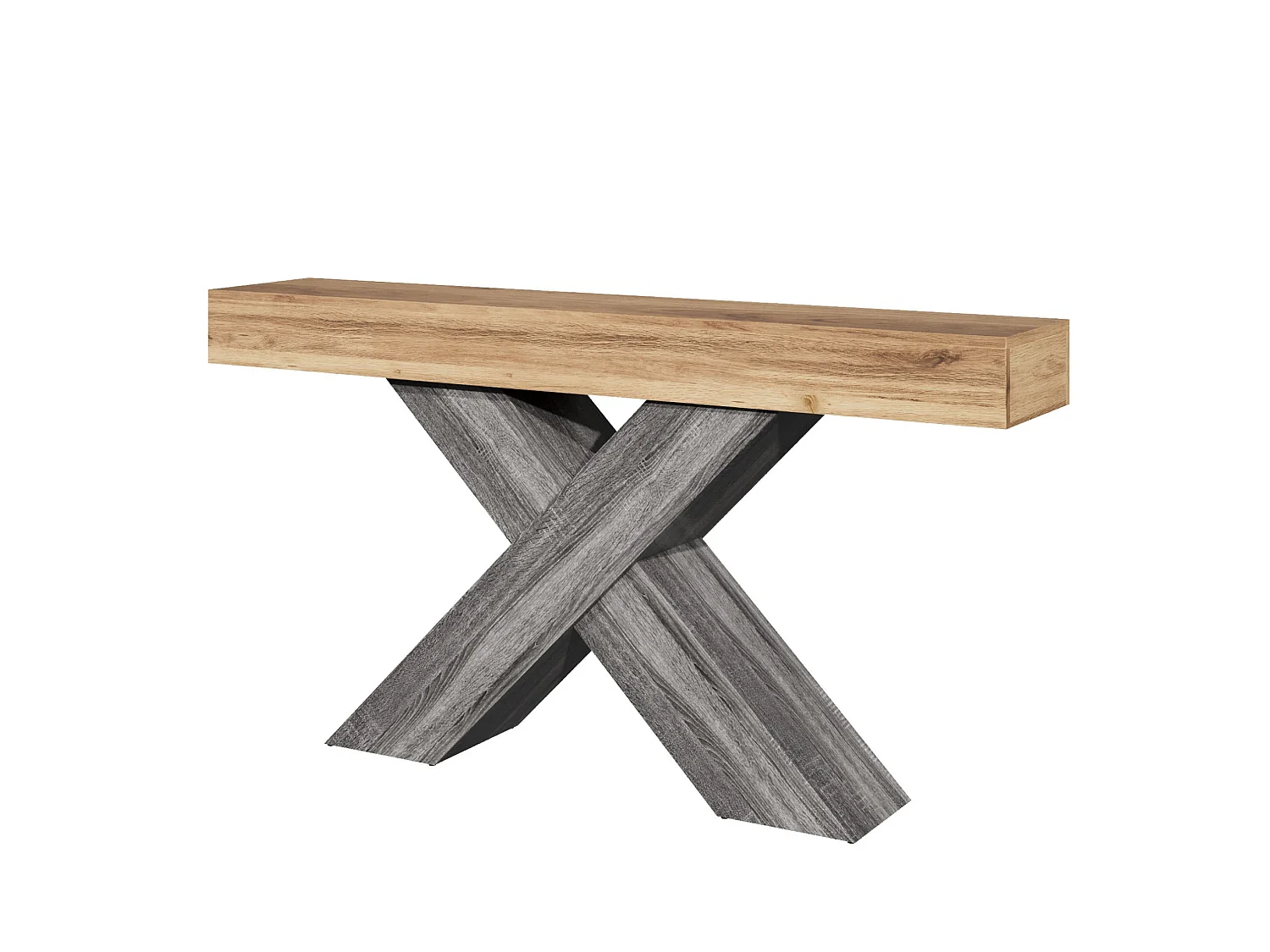 Mesa consola com pés em X - Aspeto de madeira - Cinza e madeira