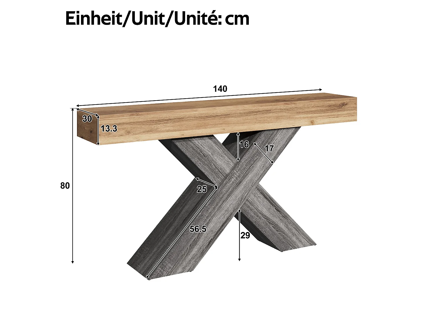 Mesa consola com pés em X - Aspeto de madeira - Cinza e madeira