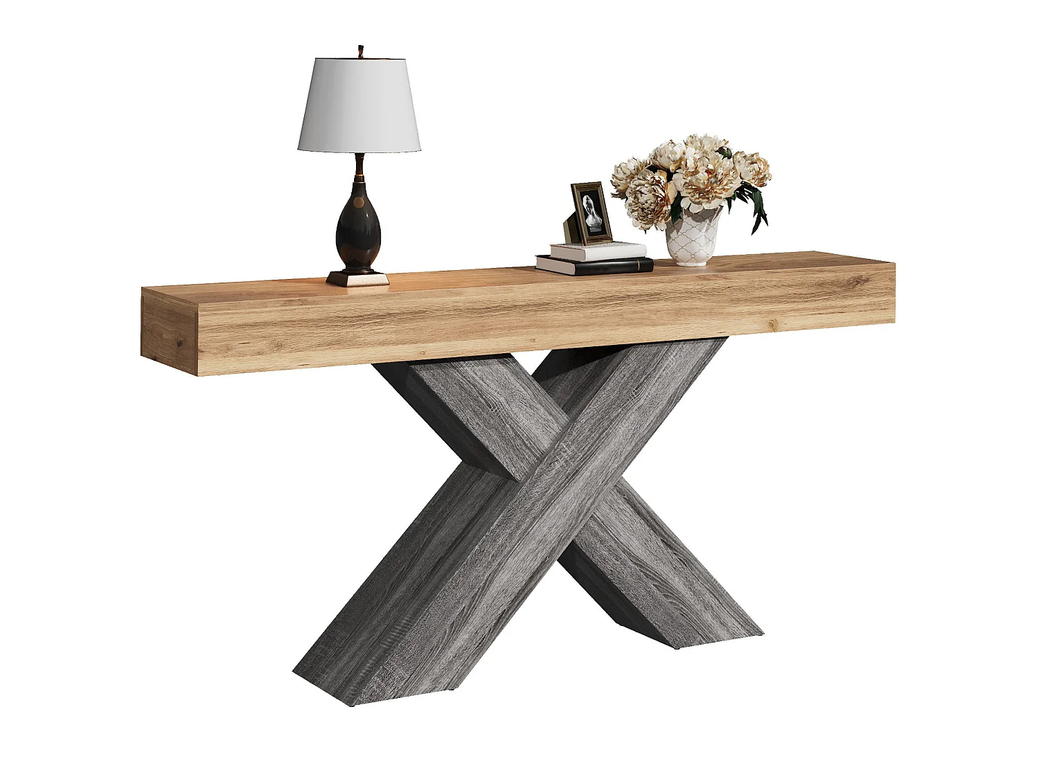 Mesa consola com pés em X - Aspeto de madeira - Cinza e madeira