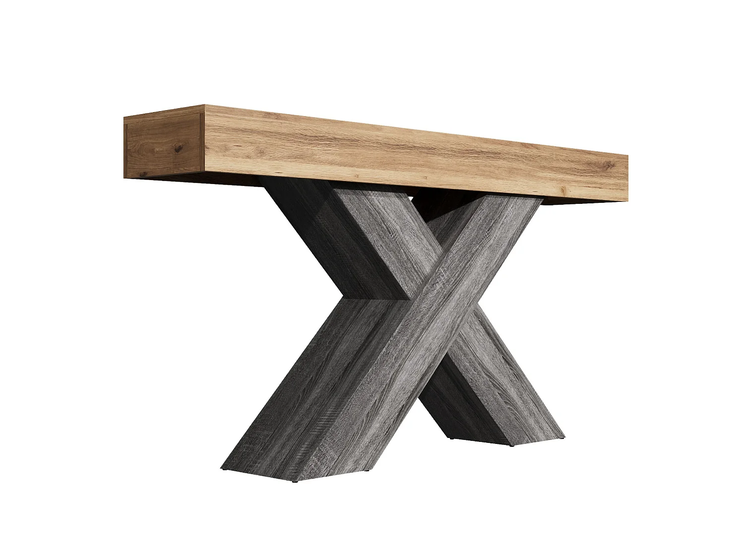 Mesa consola com pés em X - Aspeto de madeira - Cinza e madeira