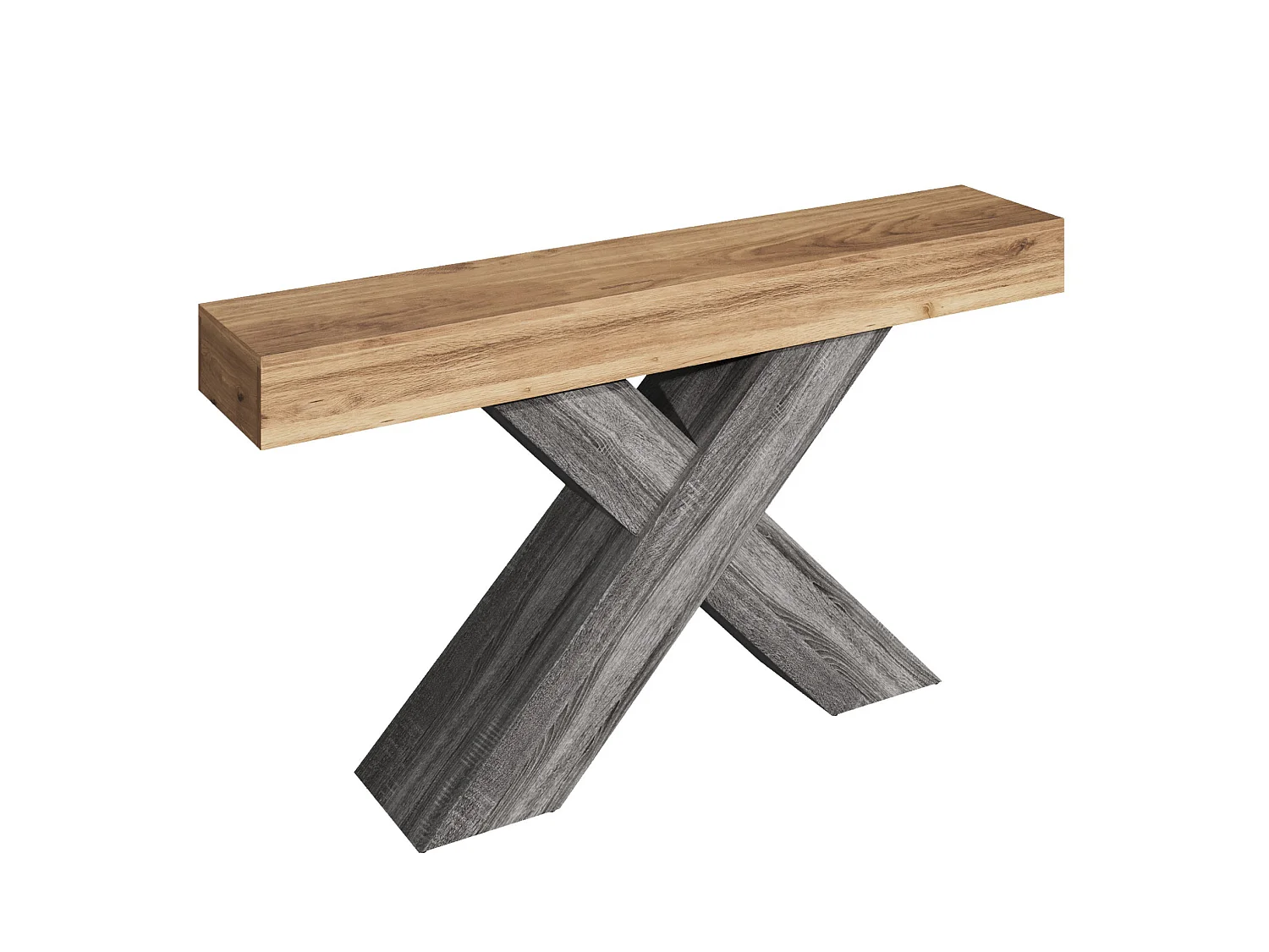 Mesa consola com pés em X - Aspeto de madeira - Cinza e madeira