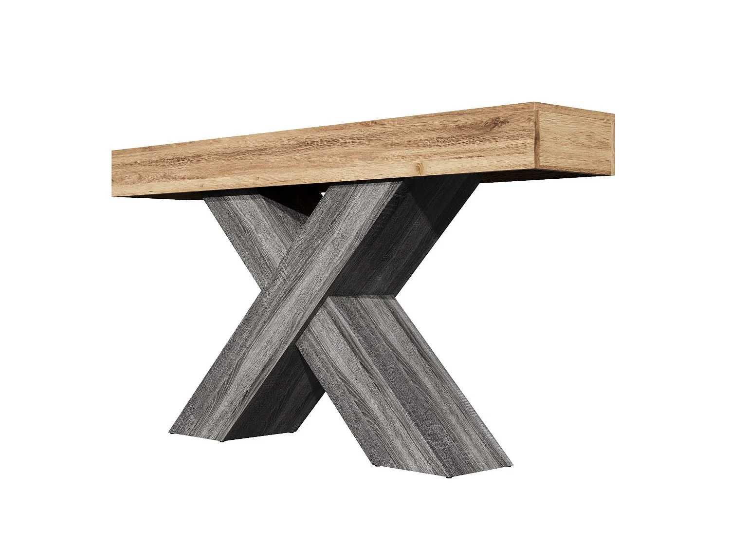 Mesa consola com pés em X - Aspeto de madeira - Cinza e madeira