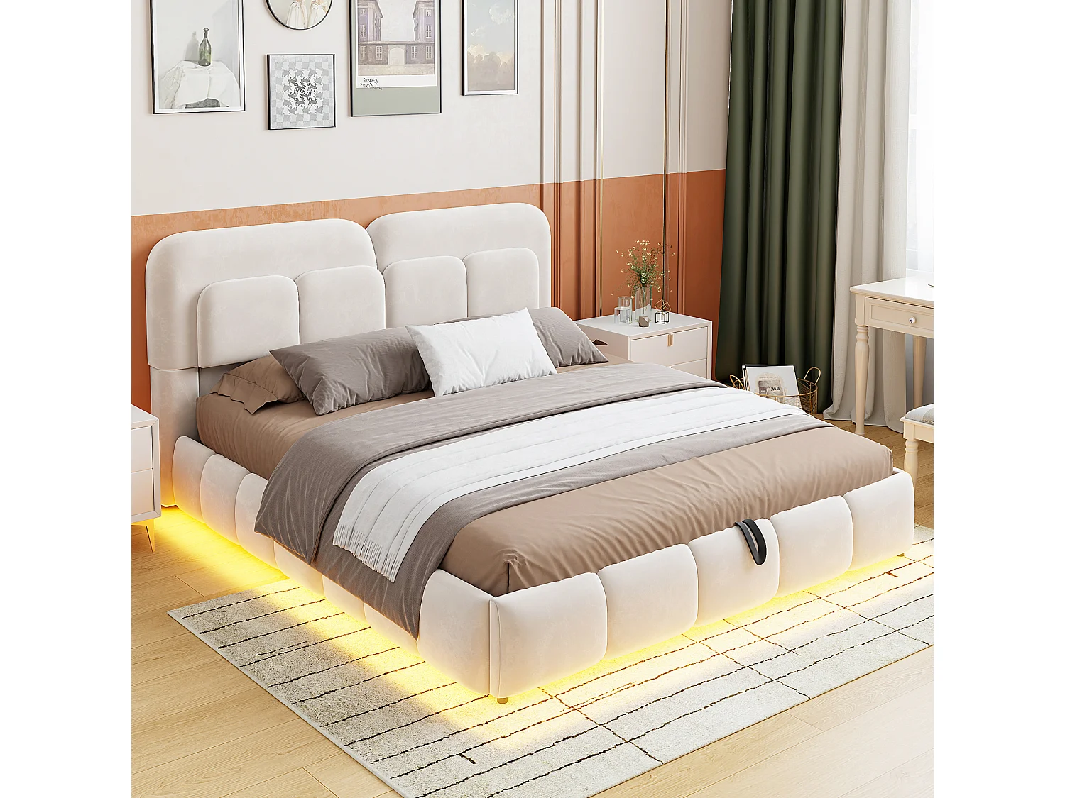 Letto contenitore per adulti 140 x 200 cm in velluto con illuminazione a LED - Beige