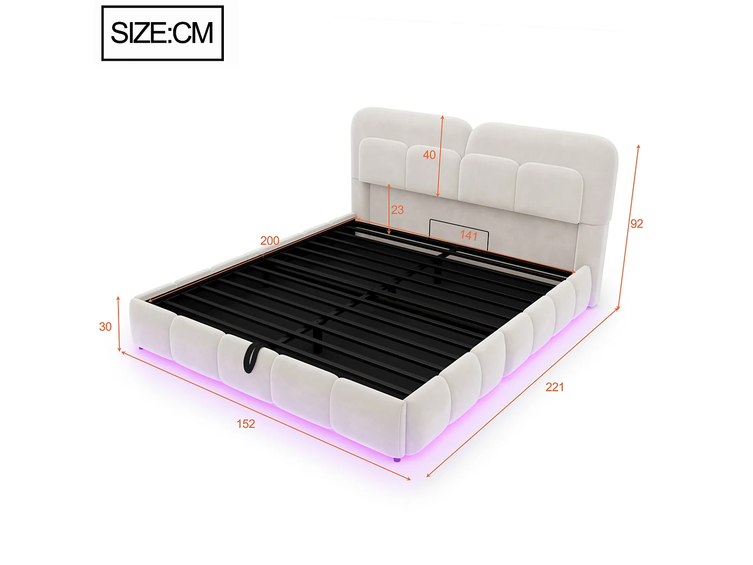 Letto contenitore per adulti 140 x 200 cm in velluto con illuminazione a LED - Beige