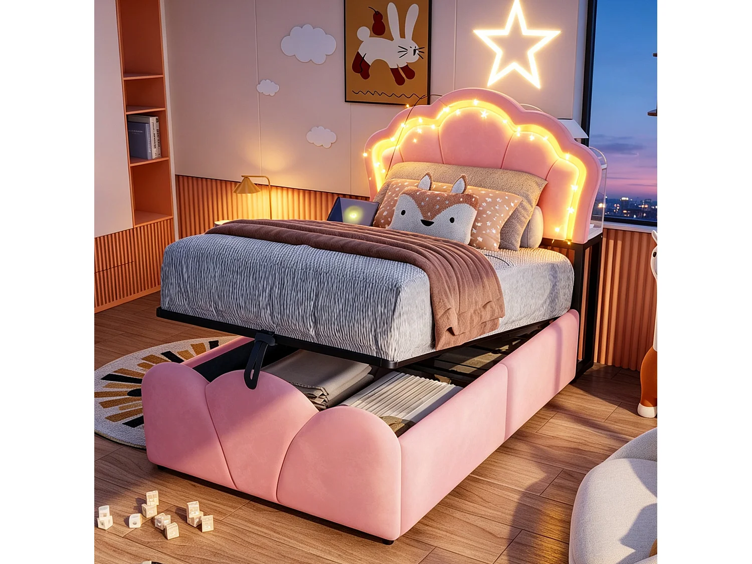 Lit coffre enfant 90x200 cm en velours rose - Avec LED et prises