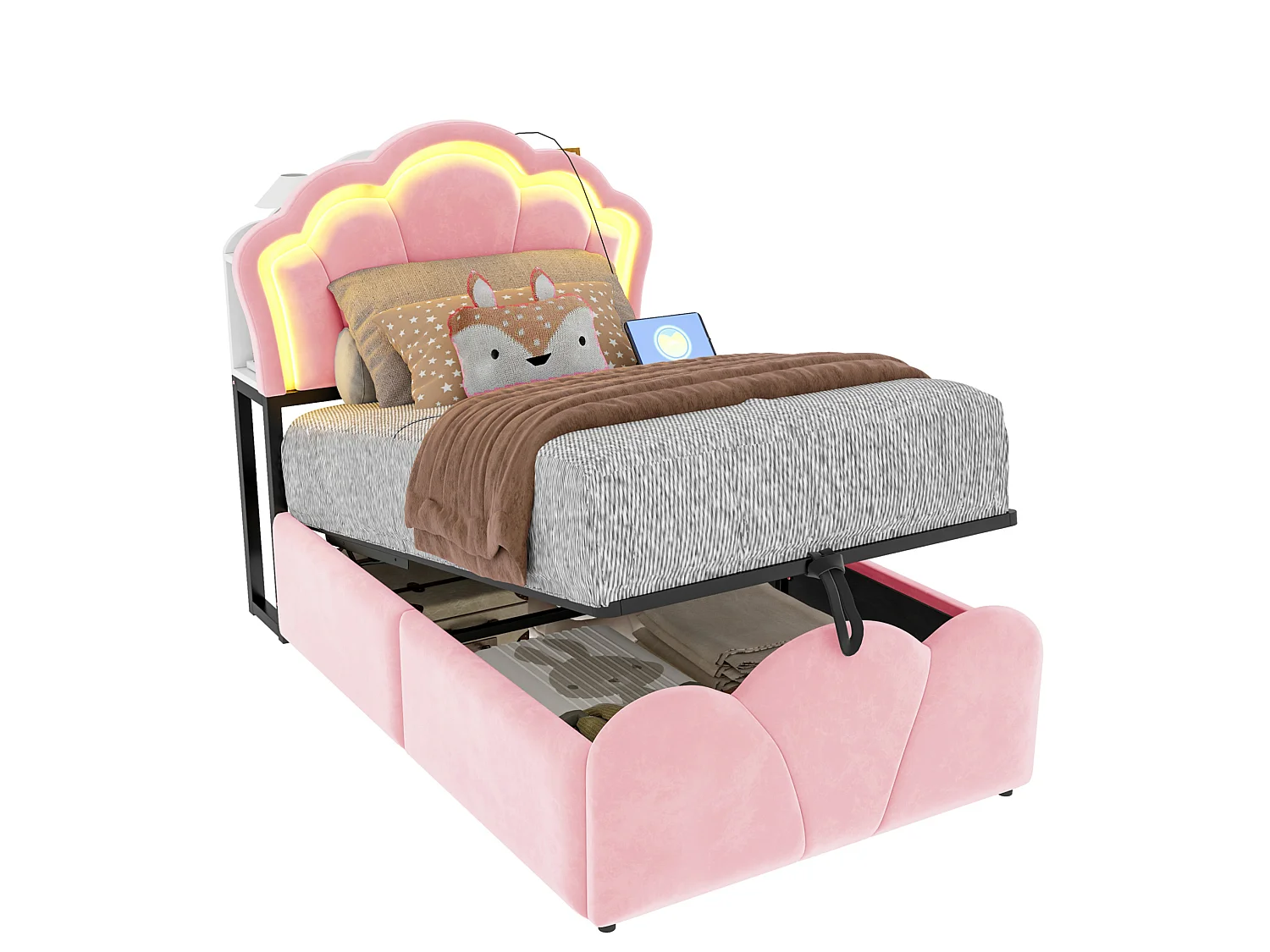 Lit coffre enfant 90x200 cm en velours rose - Avec LED et prises