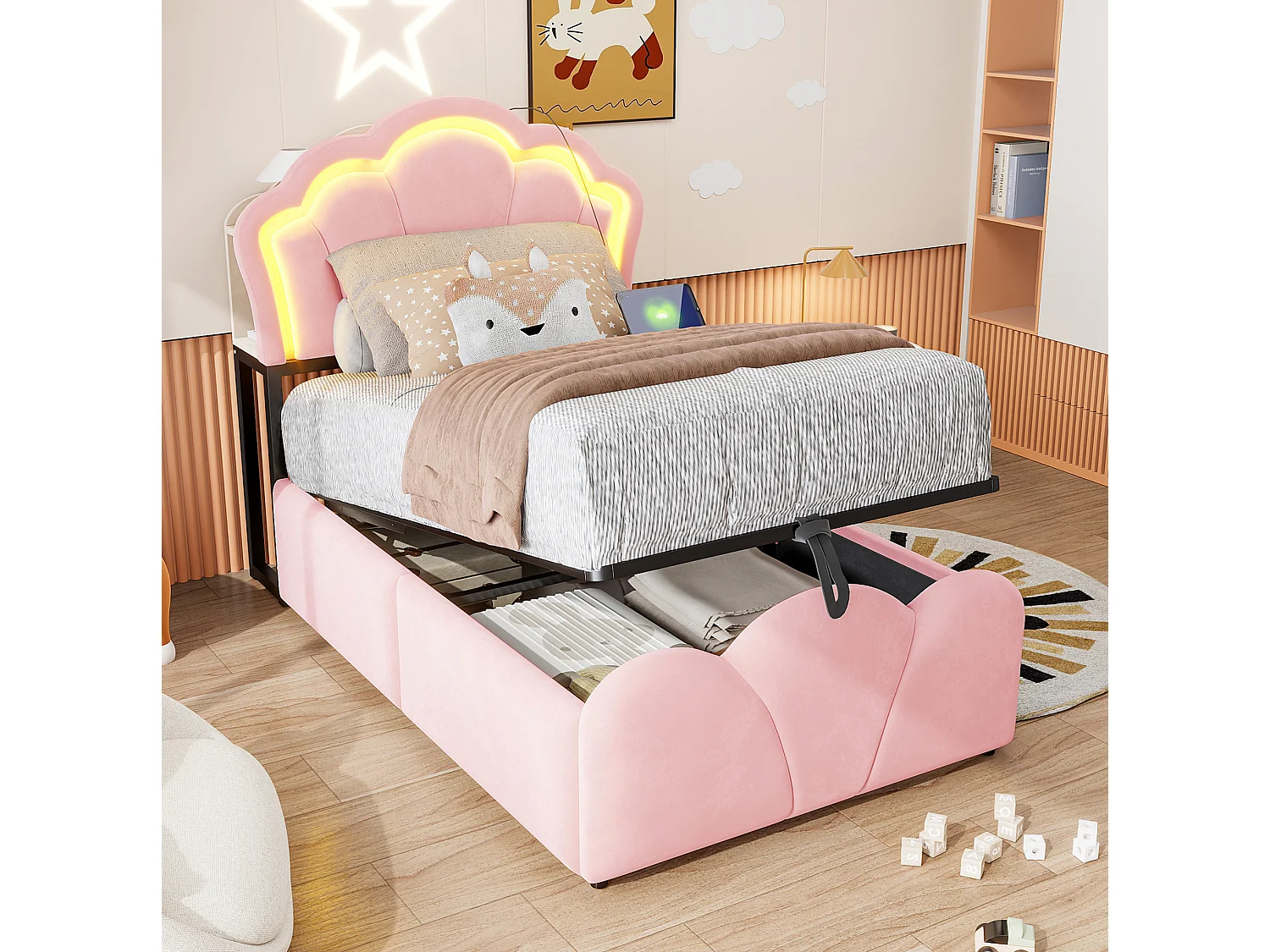 Lit coffre enfant 90x200 cm en velours rose - Avec LED et prises