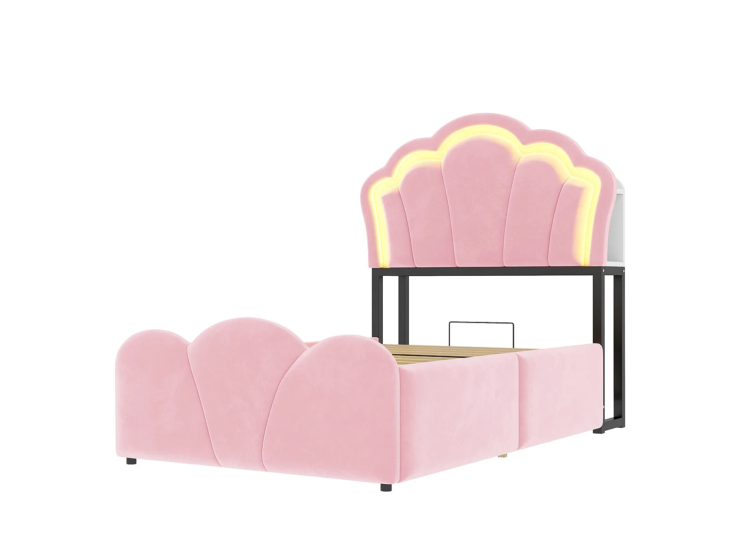 Lit coffre enfant 90x200 cm en velours rose - Avec LED et prises