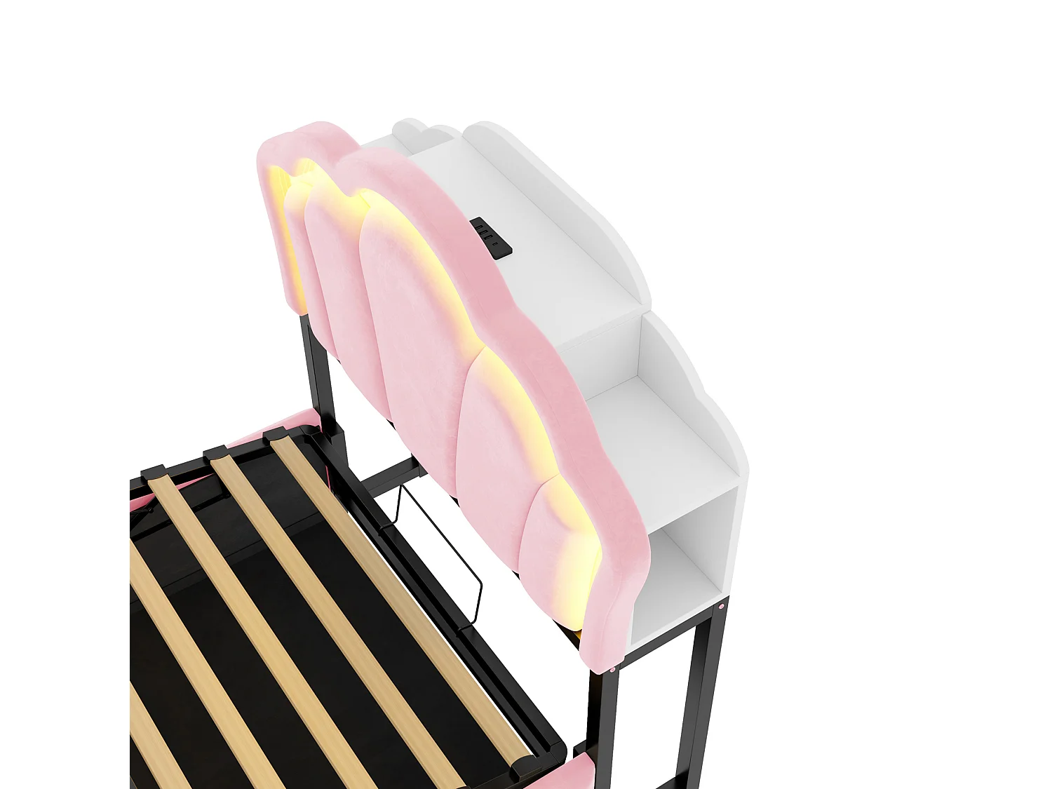 Lit coffre enfant 90x200 cm en velours rose - Avec LED et prises