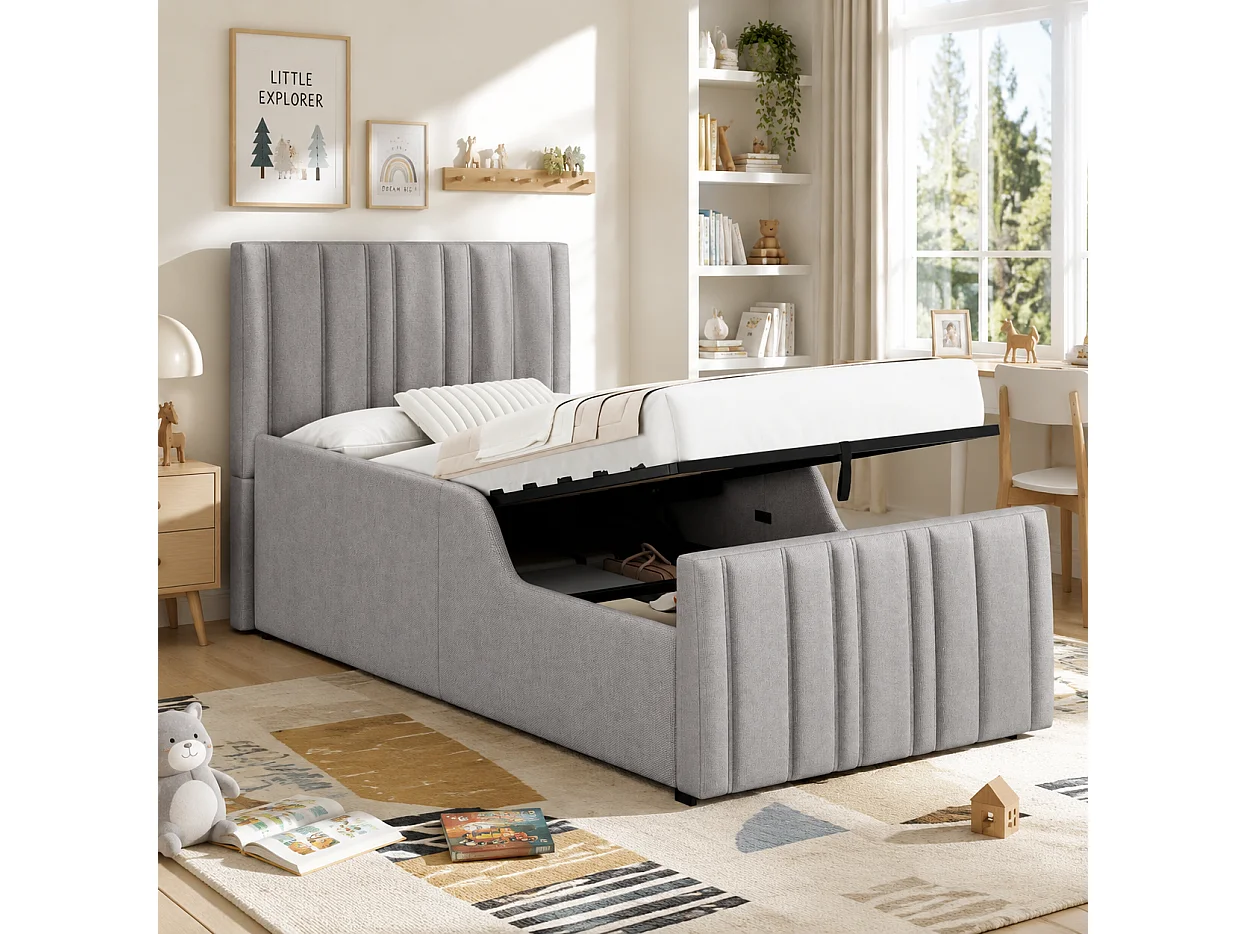 Lit coffre enfant 90 x 200 cm en tissu lin - Lit simple gris