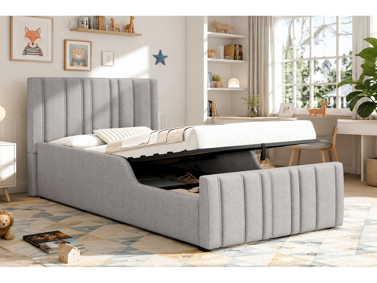 Lit coffre enfant 90 x 200 cm en tissu lin - Lit simple gris