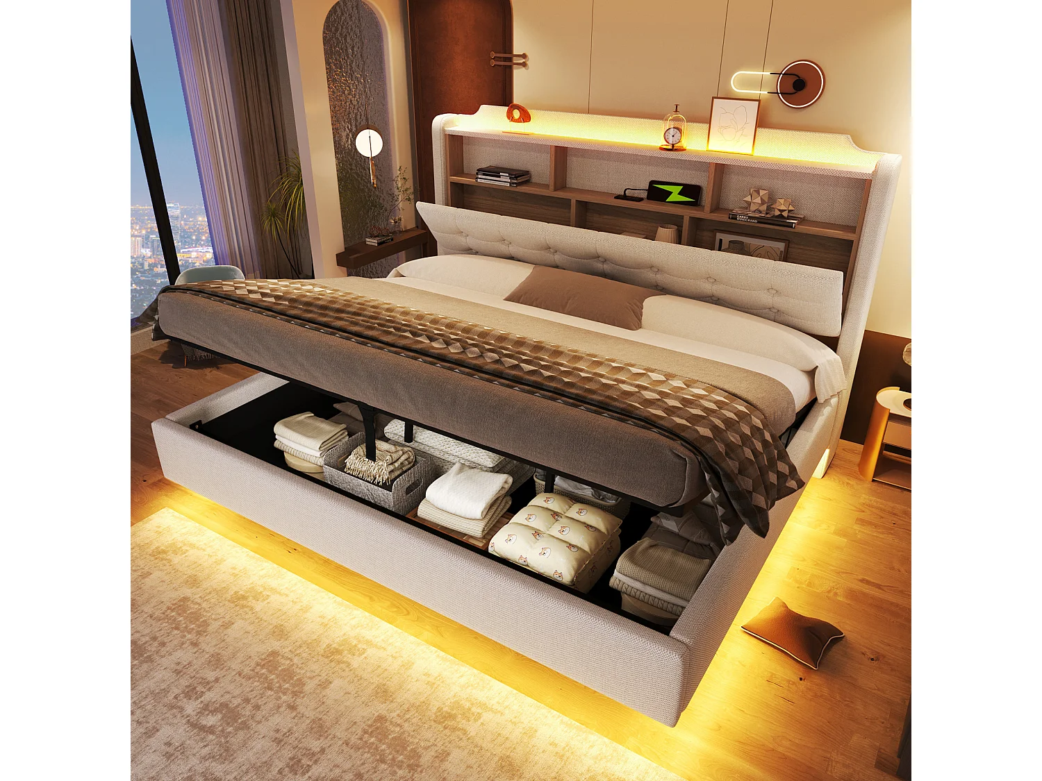 Letto contenitore in lino beige 180x200 cm con LED, USB e vano contenitore