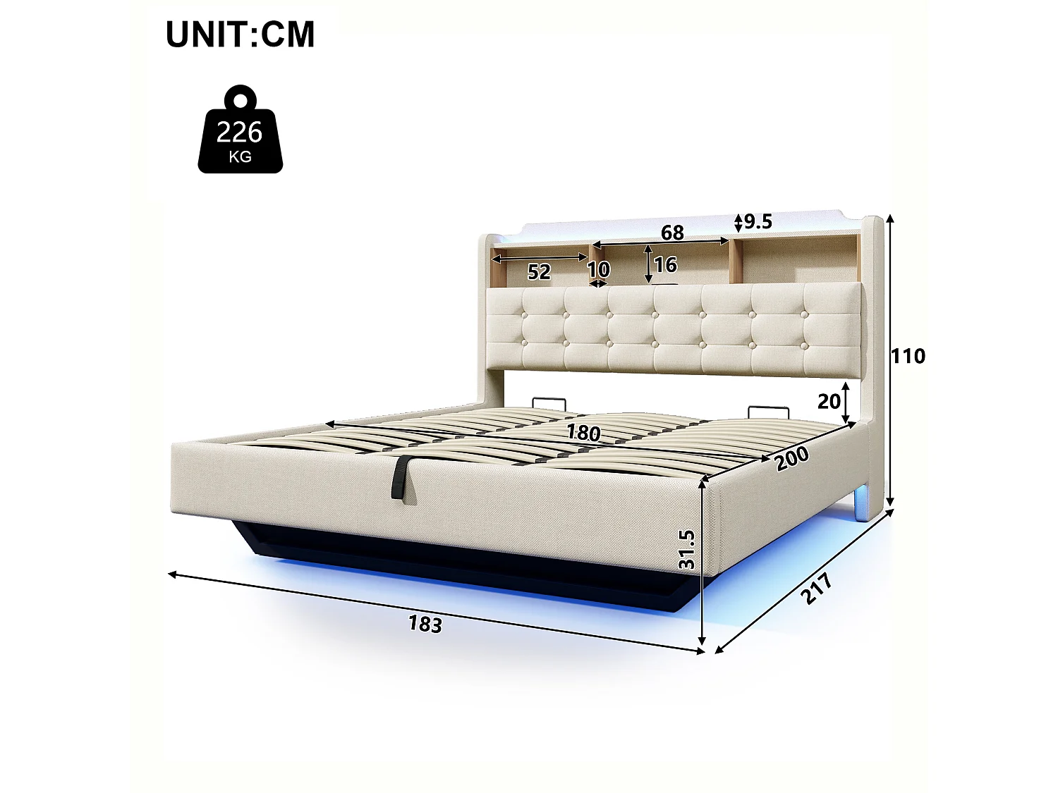 Letto contenitore in lino beige 180x200 cm con LED, USB e vano contenitore