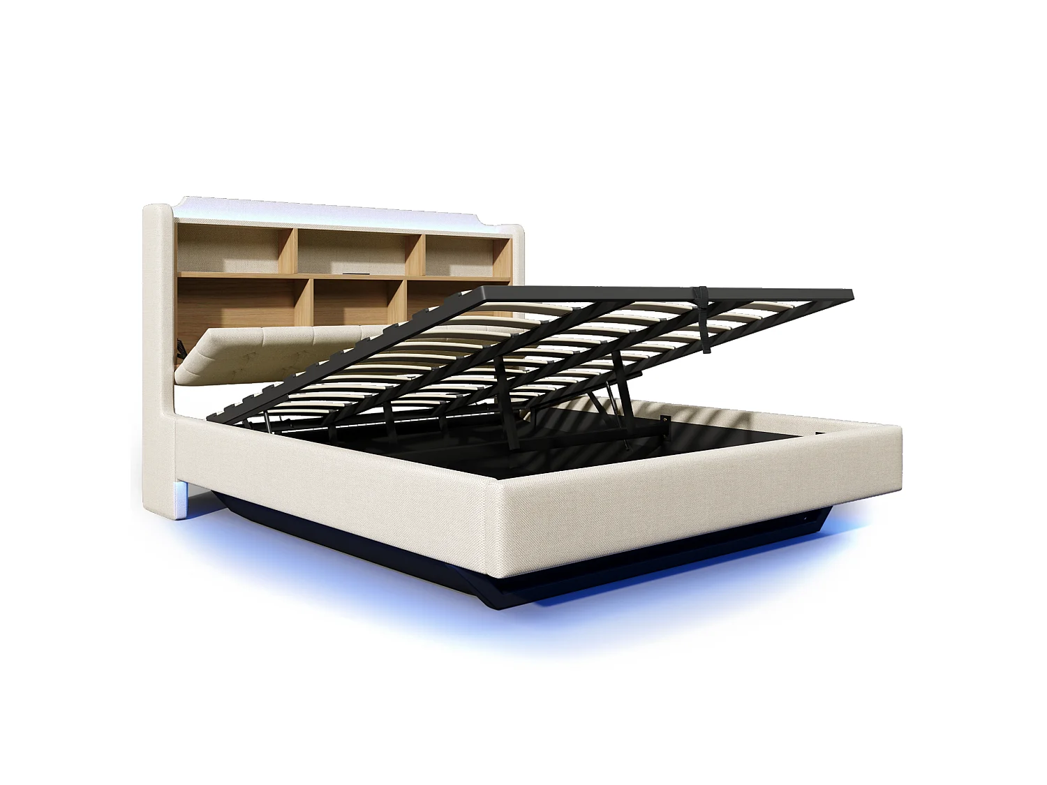 Letto contenitore in lino beige 180x200 cm con LED, USB e vano contenitore