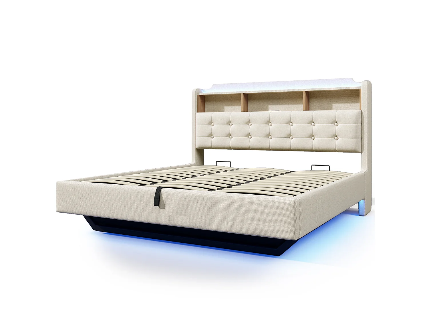 Letto contenitore in lino beige 180x200 cm con LED, USB e vano contenitore