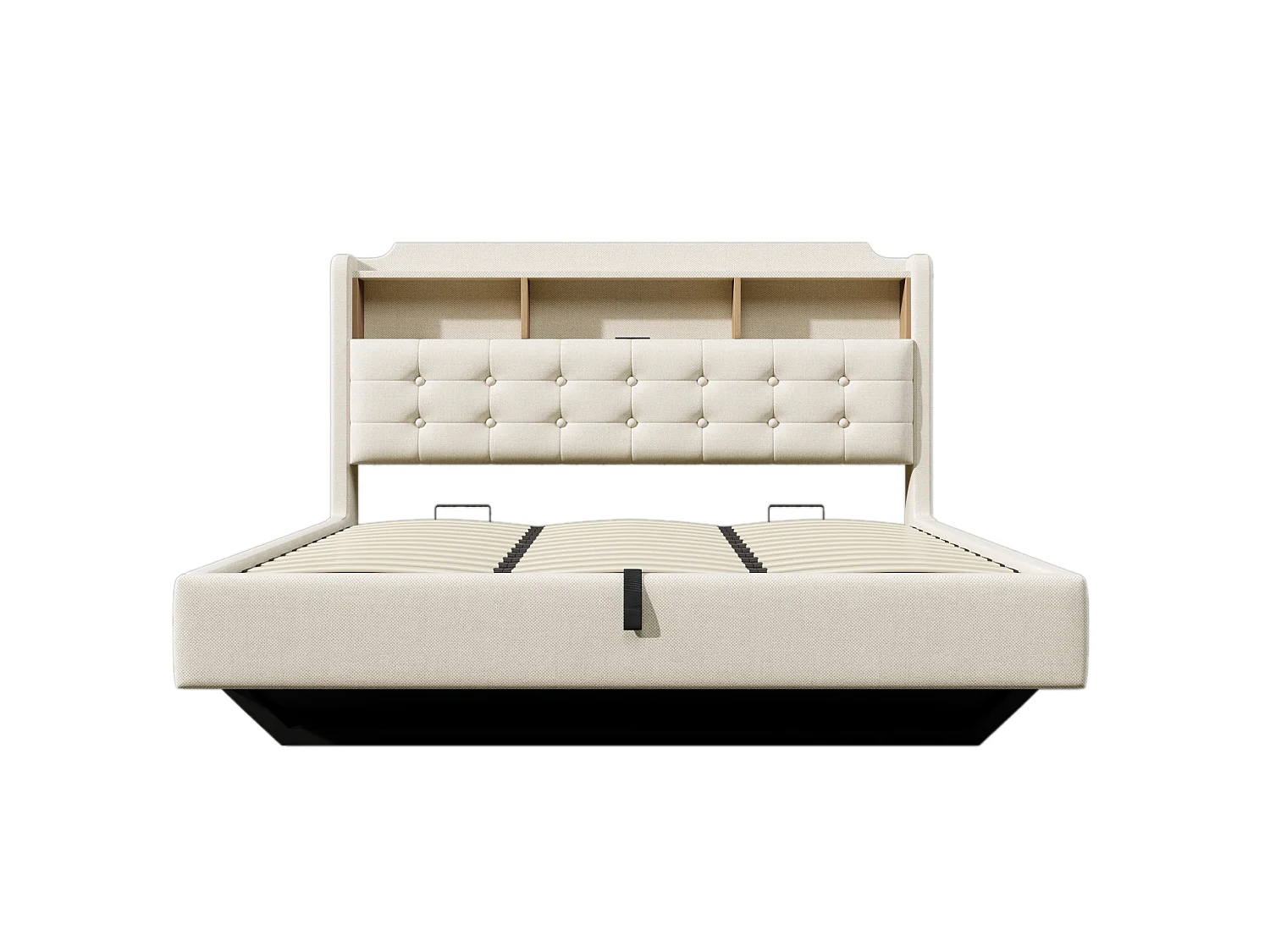 Letto contenitore in lino beige 180x200 cm con LED, USB e vano contenitore