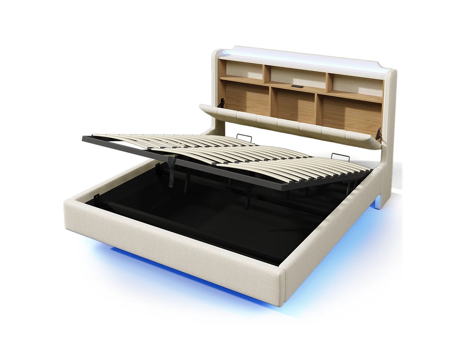 Letto contenitore in lino beige 180x200 cm con LED, USB e vano contenitore