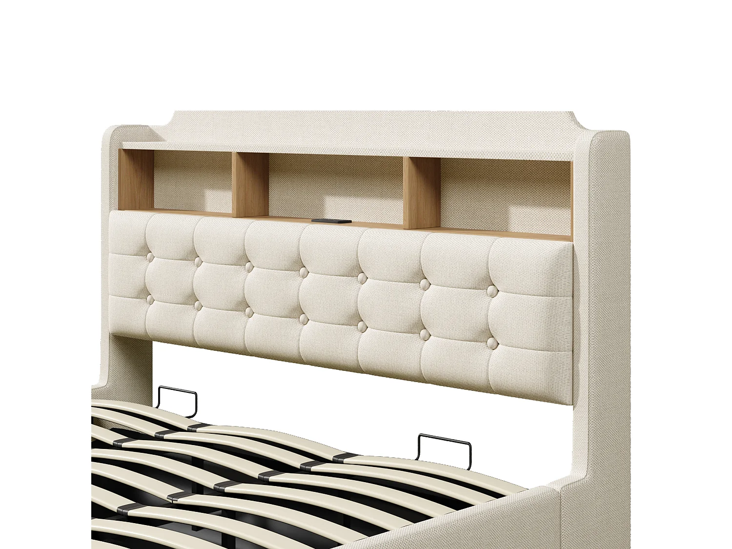 Letto contenitore in lino beige 180x200 cm con LED, USB e vano contenitore