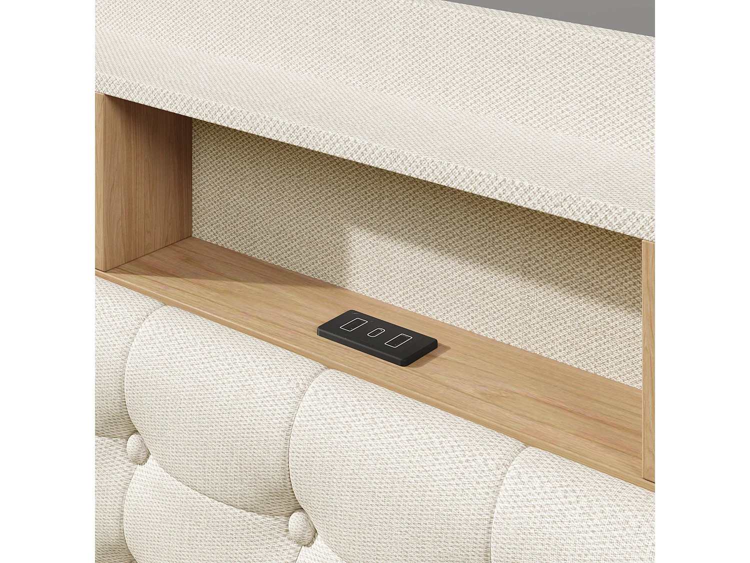 Letto contenitore in lino beige 180x200 cm con LED, USB e vano contenitore