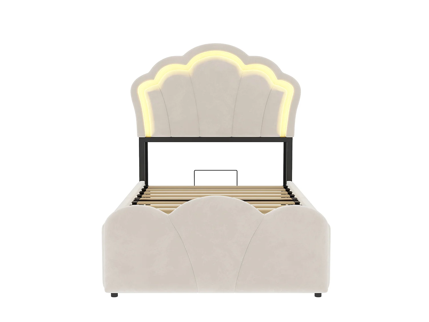 Lit coffre enfant 90x200 cm en velours beige - Avec LED et prises