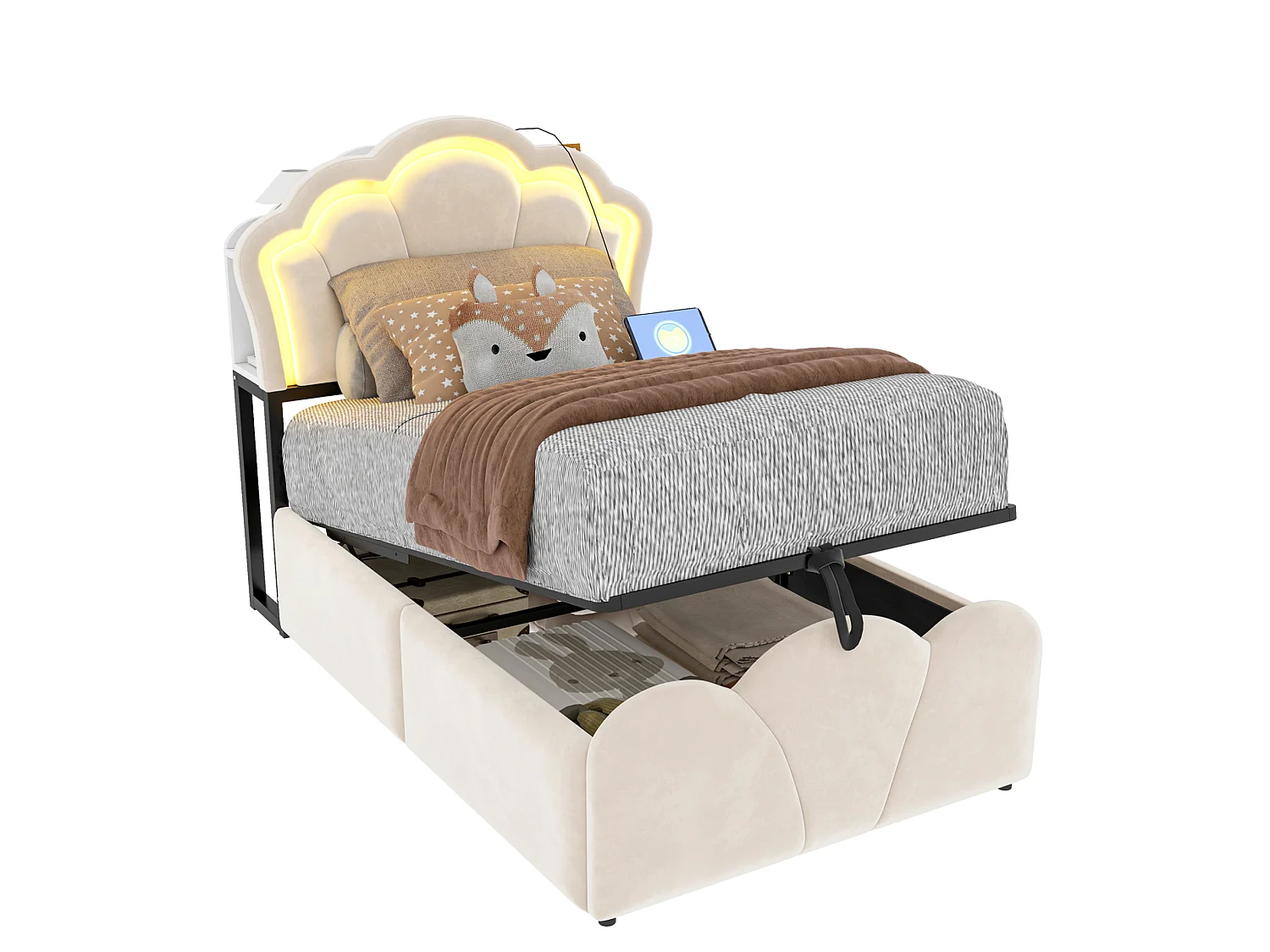 Lit coffre enfant 90x200 cm en velours beige - Avec LED et prises