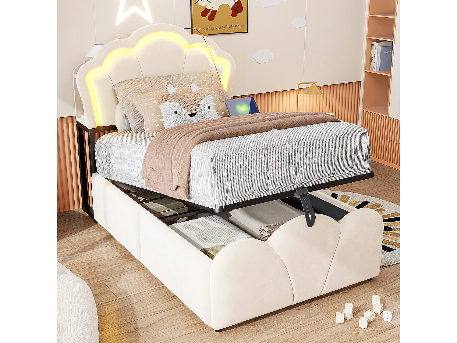 Lit coffre enfant 90x200 cm en velours beige - Avec LED et prises