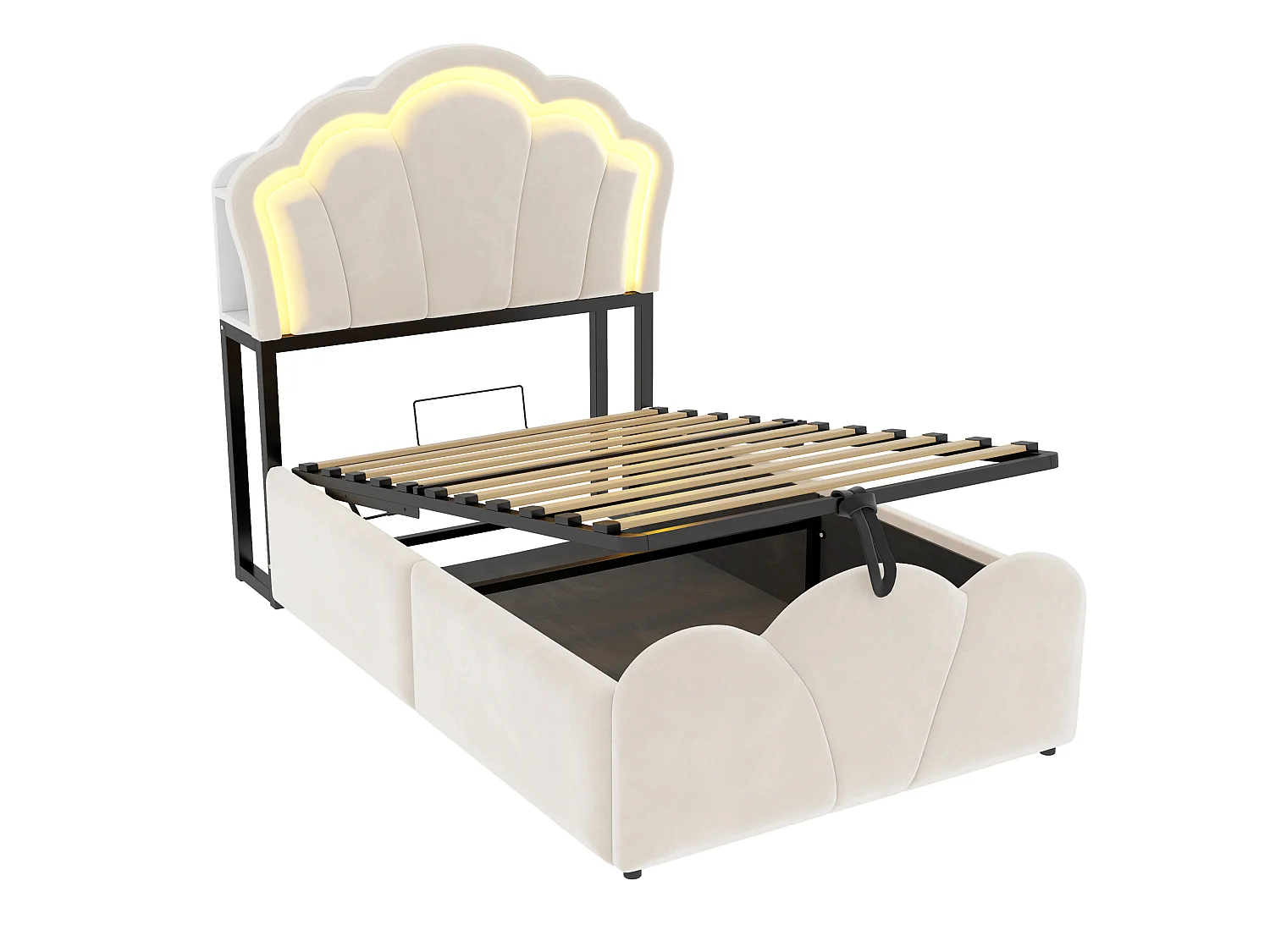 Lit coffre enfant 90x200 cm en velours beige - Avec LED et prises