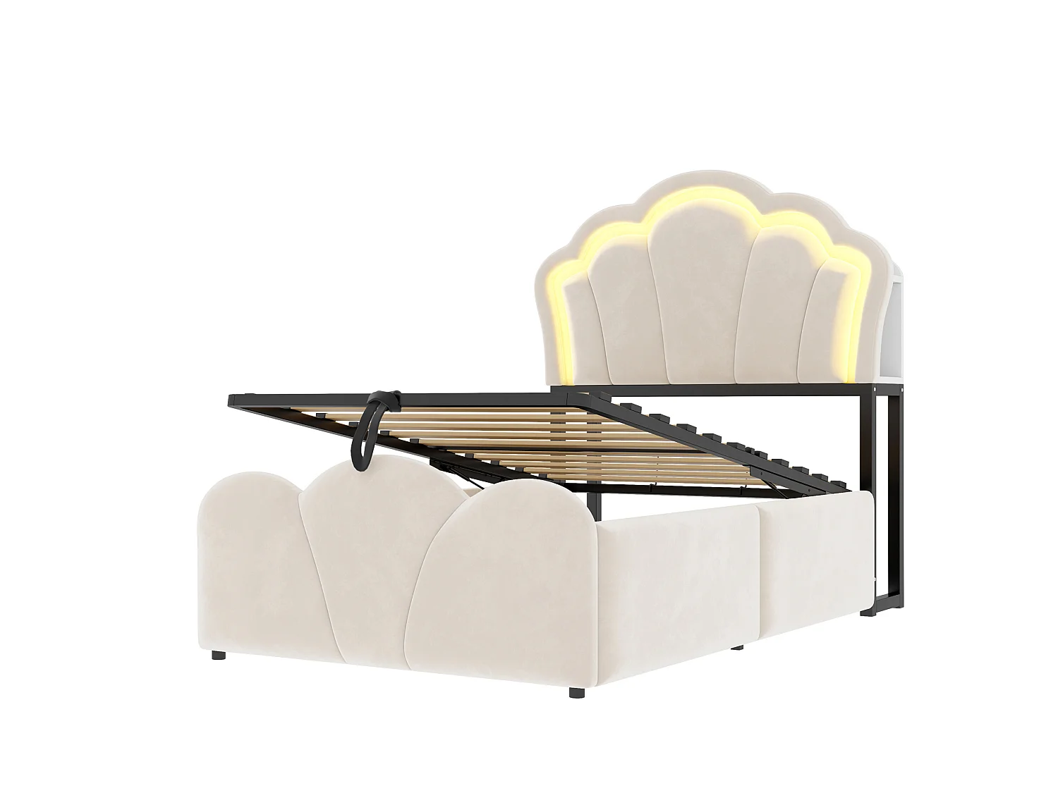 Lit coffre enfant 90x200 cm en velours beige - Avec LED et prises