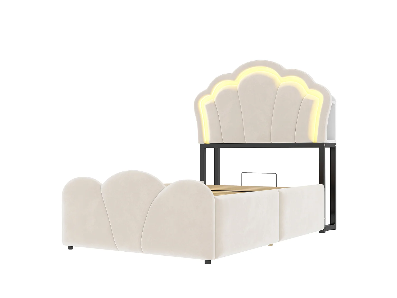 Lit coffre enfant 90x200 cm en velours beige - Avec LED et prises