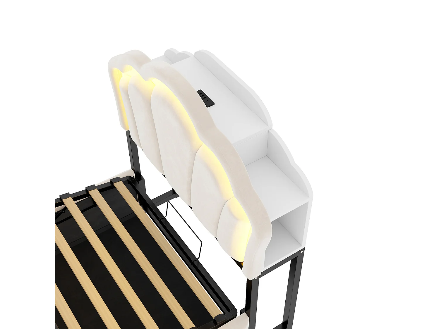 Lit coffre enfant 90x200 cm en velours beige - Avec LED et prises