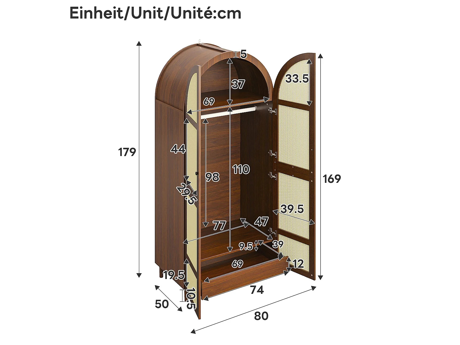 Kledingkast met 2 deuren, kledingstang en lade - Bruin 80 x 50 x 179 cm