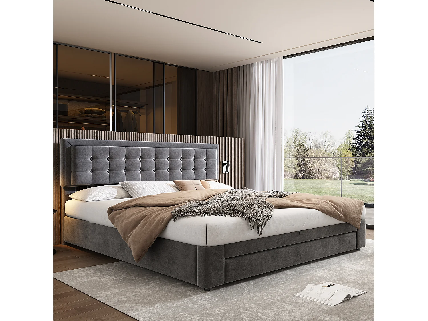 Lit coffre 160x200 velours gris, tête capitonnée, 2 tiroirs, sommier lattes, lit double
