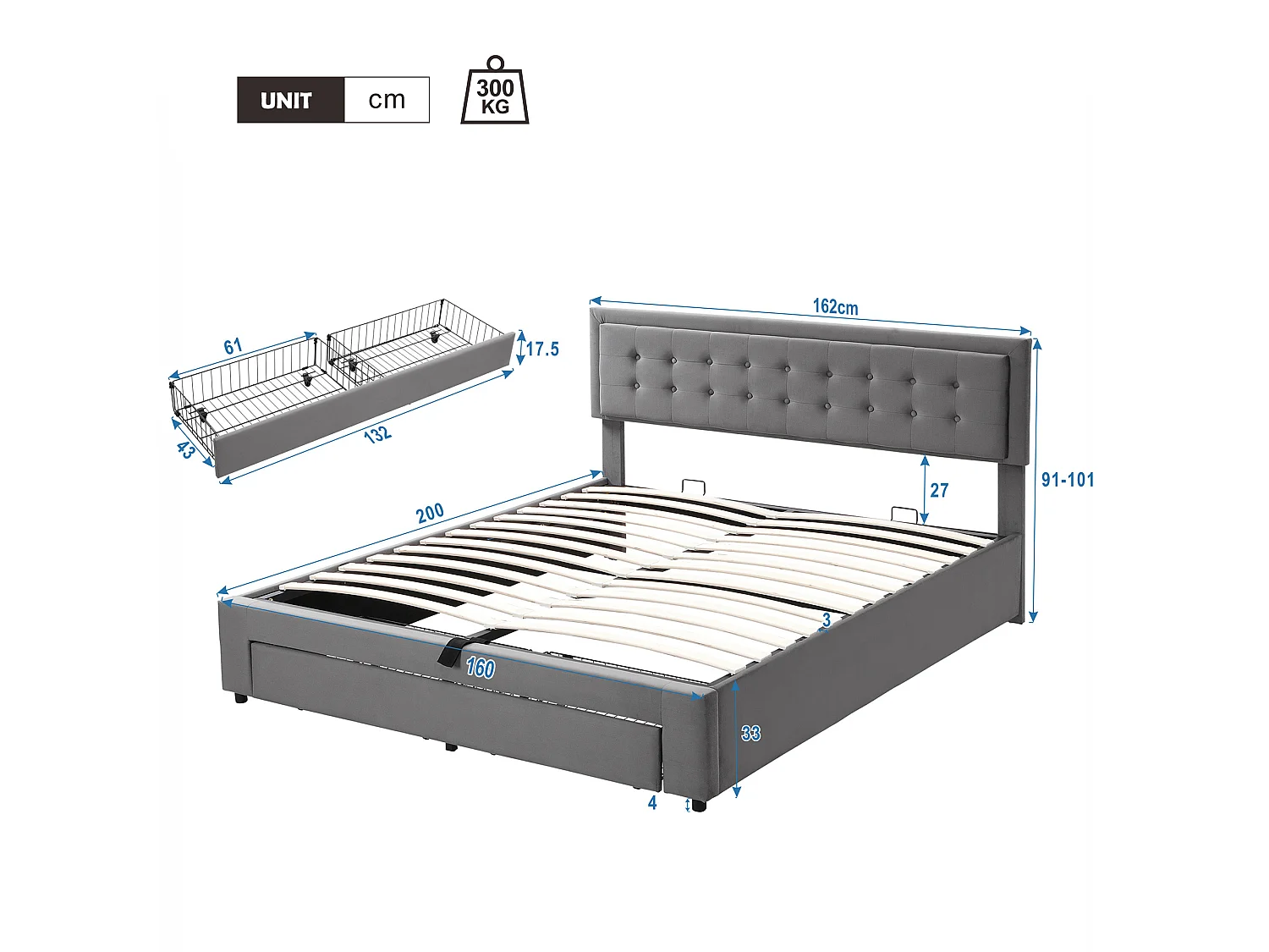 Lit coffre 160x200 velours gris, tête capitonnée, 2 tiroirs, sommier lattes, lit double