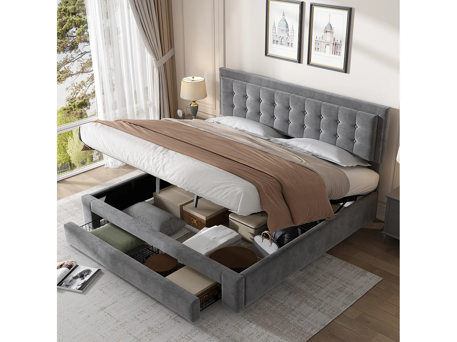Lit coffre 160x200 velours gris, tête capitonnée, 2 tiroirs, sommier lattes, lit double